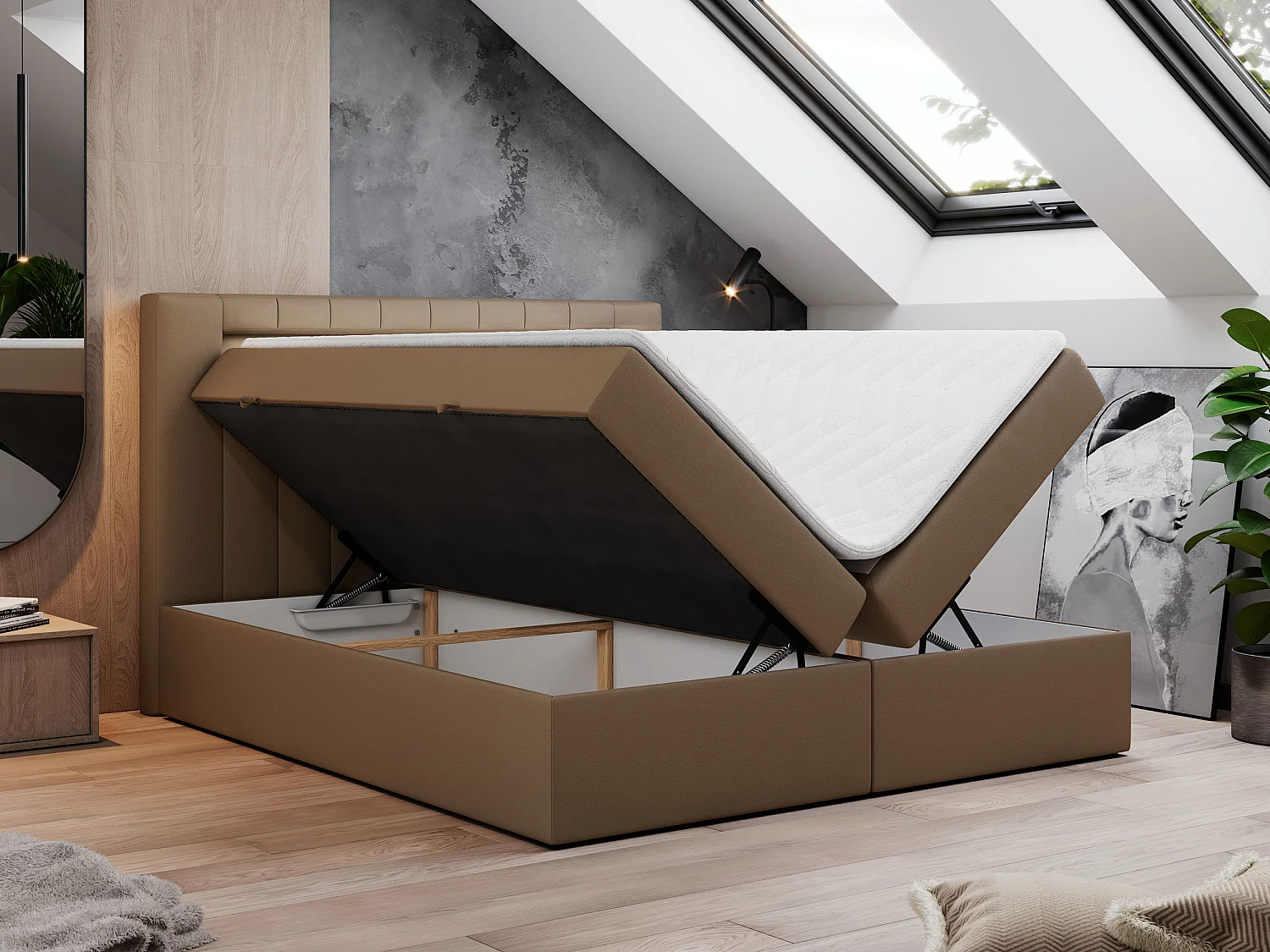 Boxspringbett GOLD 5 mit Multipocket-Matratze und LED, zwei Bettkästen - 120x200 cm - H3 - Braun Kunstleder