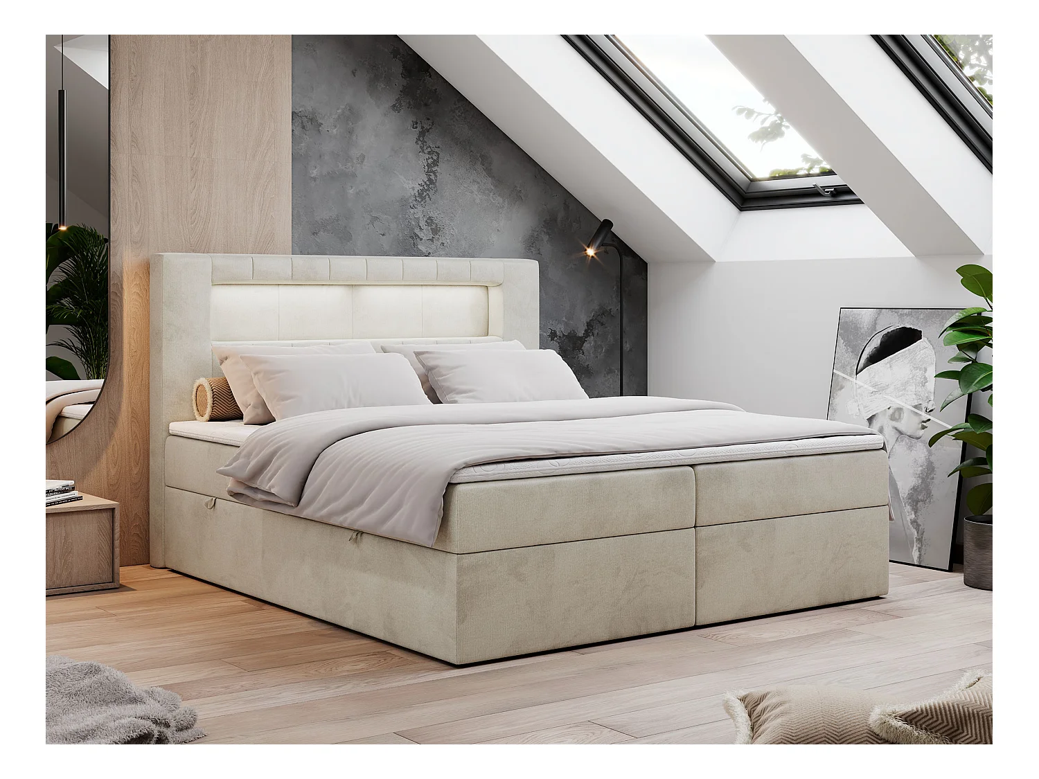 Boxspringbett GOLD 5 mit Multipocket-Matratze und LED, zwei Bettkästen - 200x200 cm - H3 - Beige Velvet