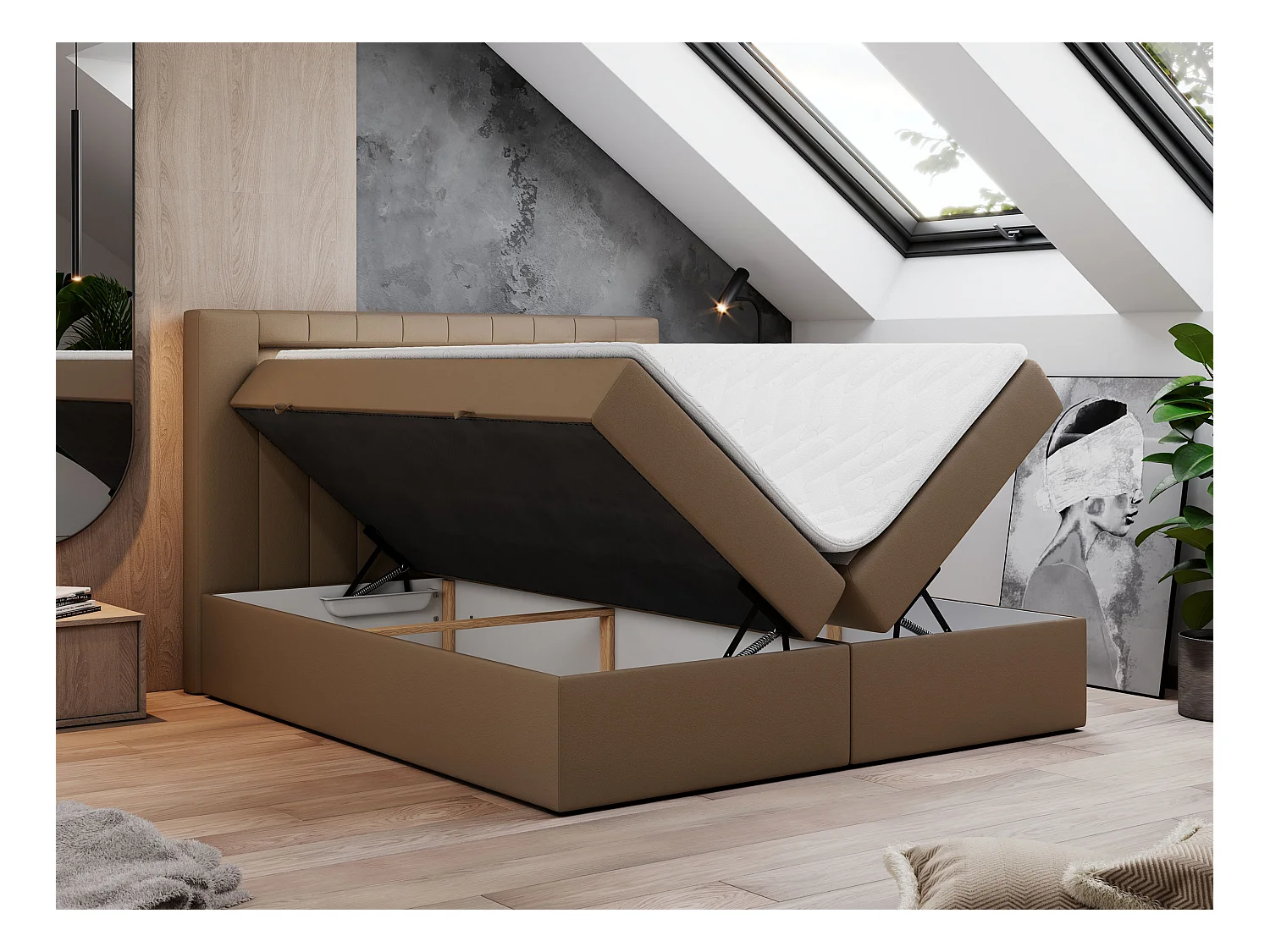 Boxspringbett GOLD 5 mit Multipocket-Matratze und LED, zwei Bettkästen - 160x200 cm - H3 - Braun Kunstleder