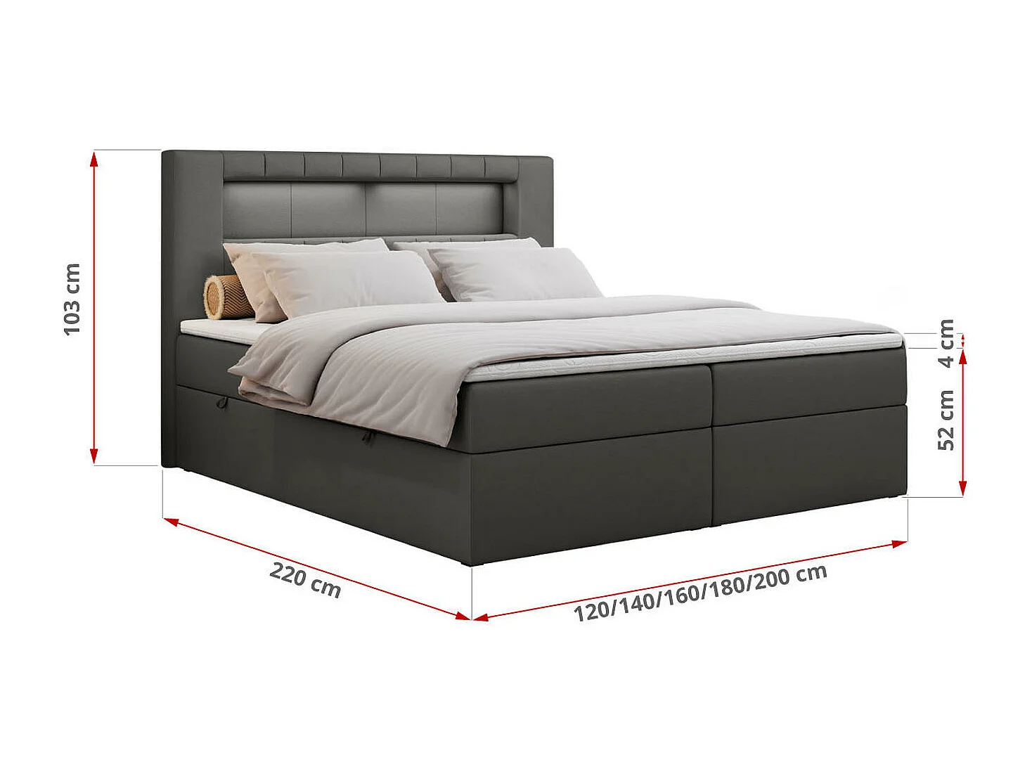 Boxspringbett GOLD 5 mit Multipocket-Matratze und LED, zwei Bettkästen - 200x200 cm - H3 - Dunkelgrau Kunstleder