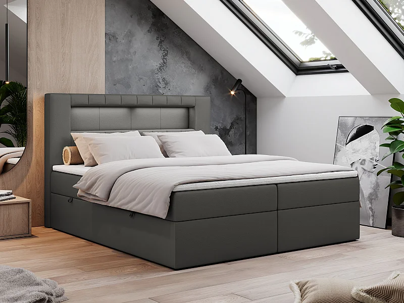 Boxspringbett GOLD 5 mit Multipocket-Matratze und LED, zwei Bettkästen - 160x200 cm - H3 - Dunkelgrau Kunstleder