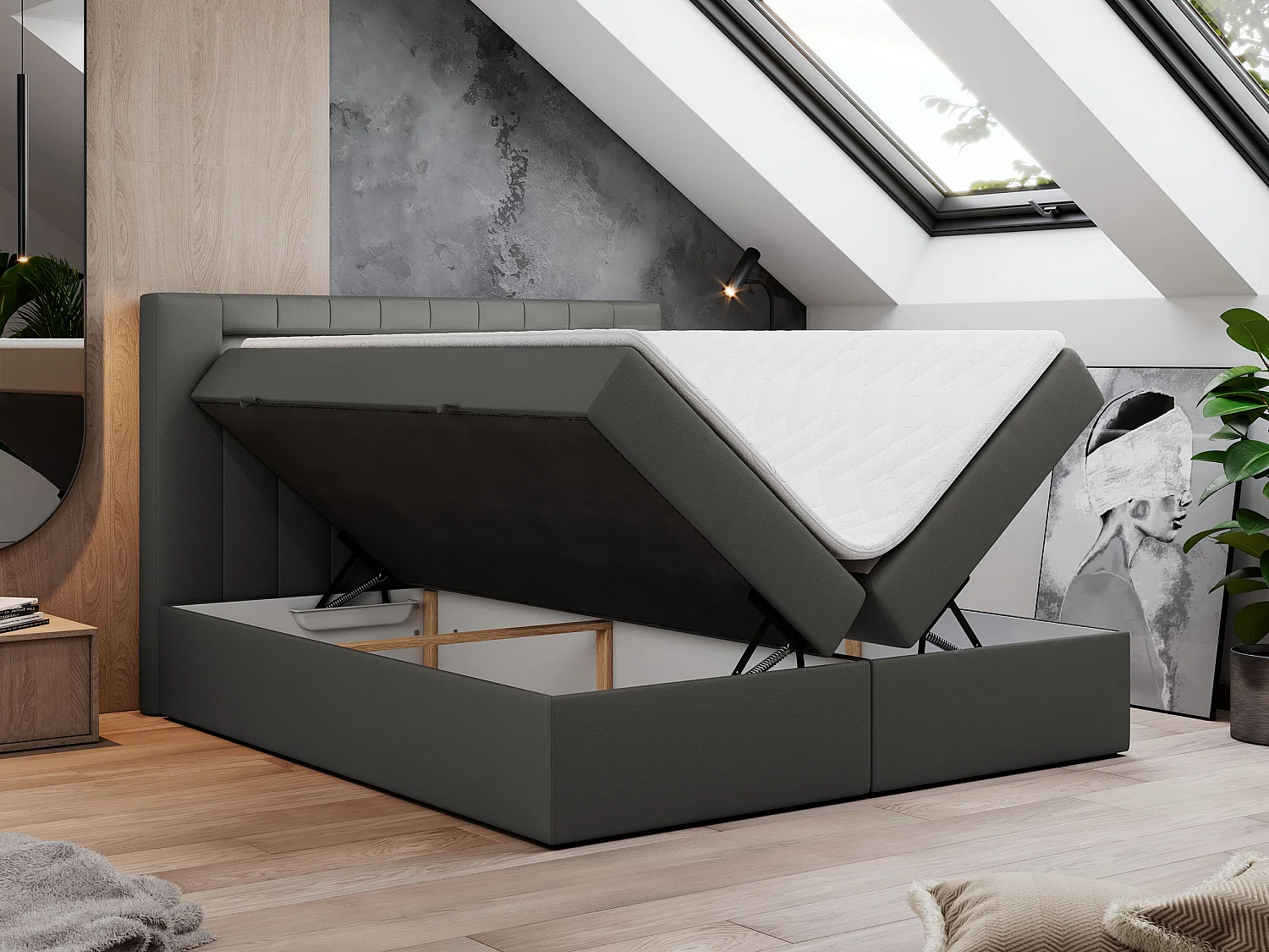 Boxspringbett GOLD 5 mit Multipocket-Matratze und LED, zwei Bettkästen - 160x200 cm - H3 - Dunkelgrau Kunstleder