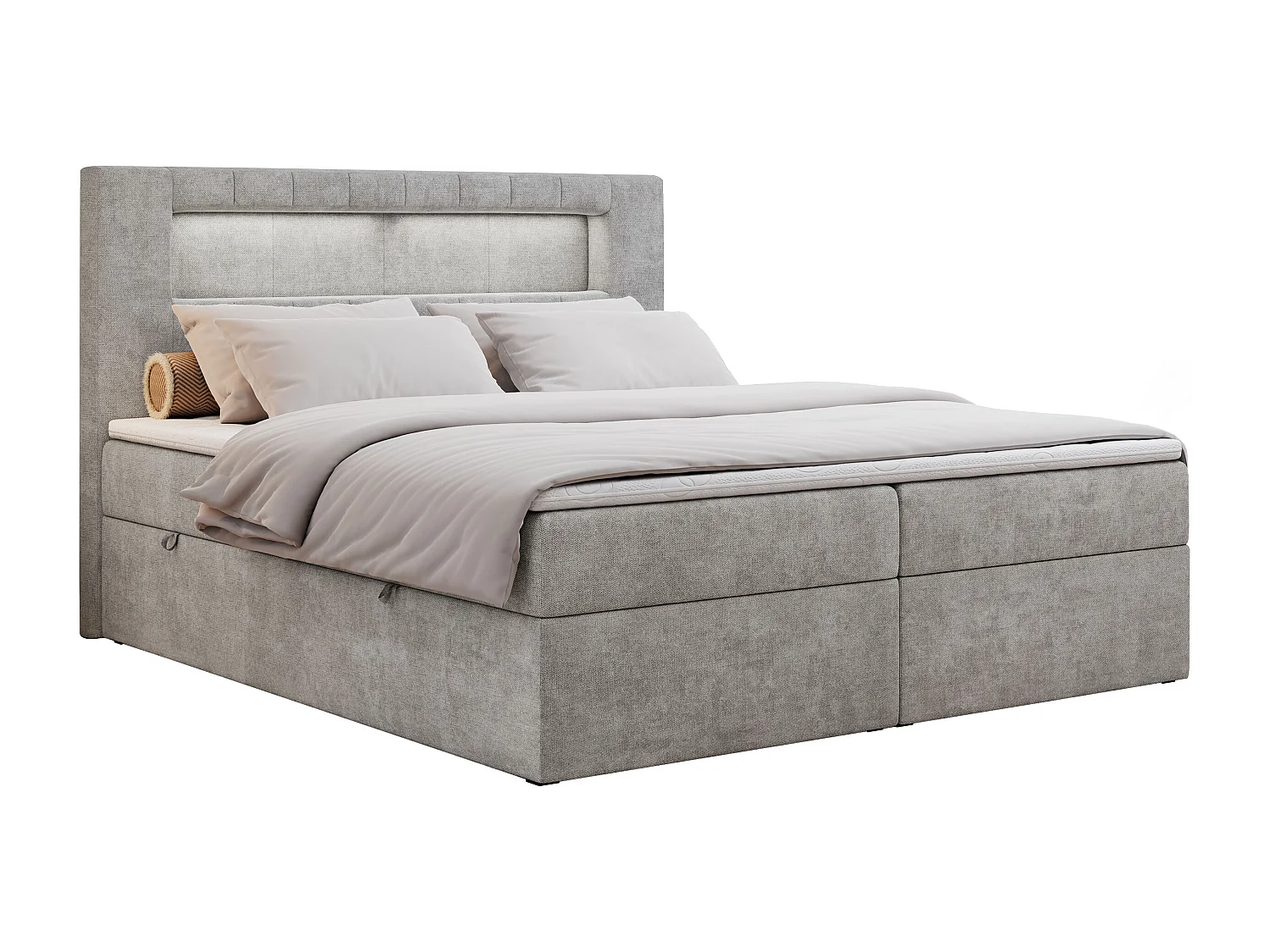Boxspringbett GOLD 5 mit Multipocket-Matratze und LED, zwei Bettkästen - 140x200 cm - H3 - Hellgrau Strukture