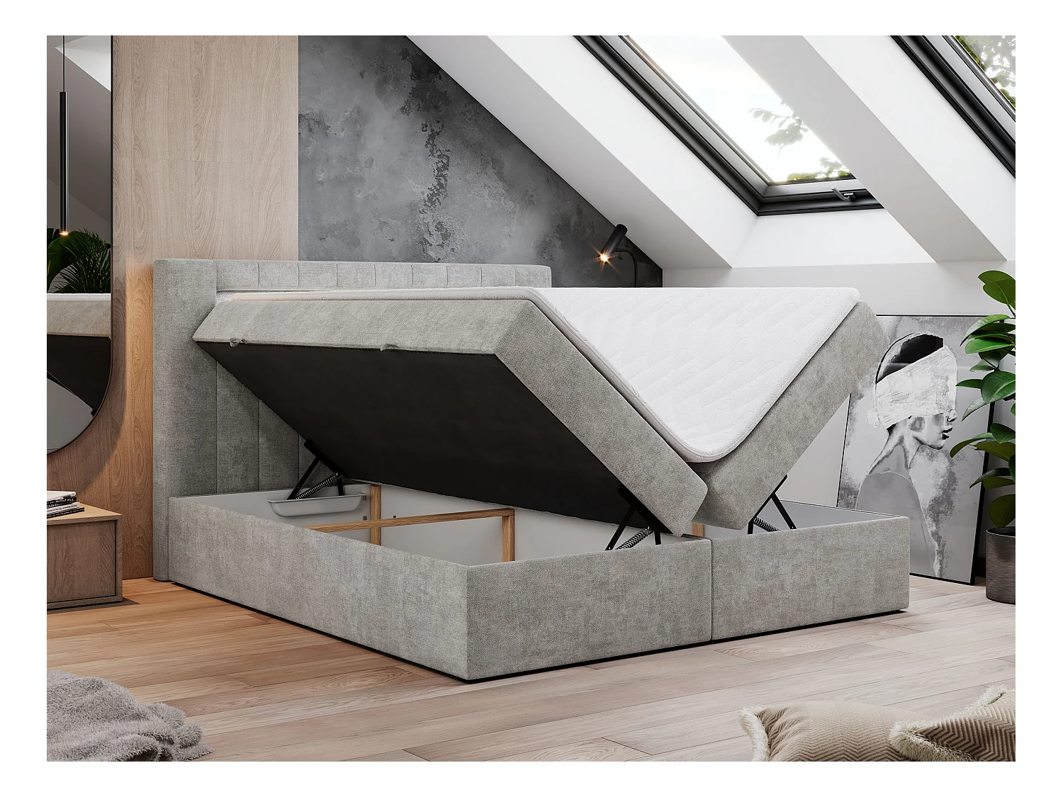 Boxspringbett GOLD 5 mit Multipocket-Matratze und LED, zwei Bettkästen - 180x200 cm - H3 - Hellgrau Strukture