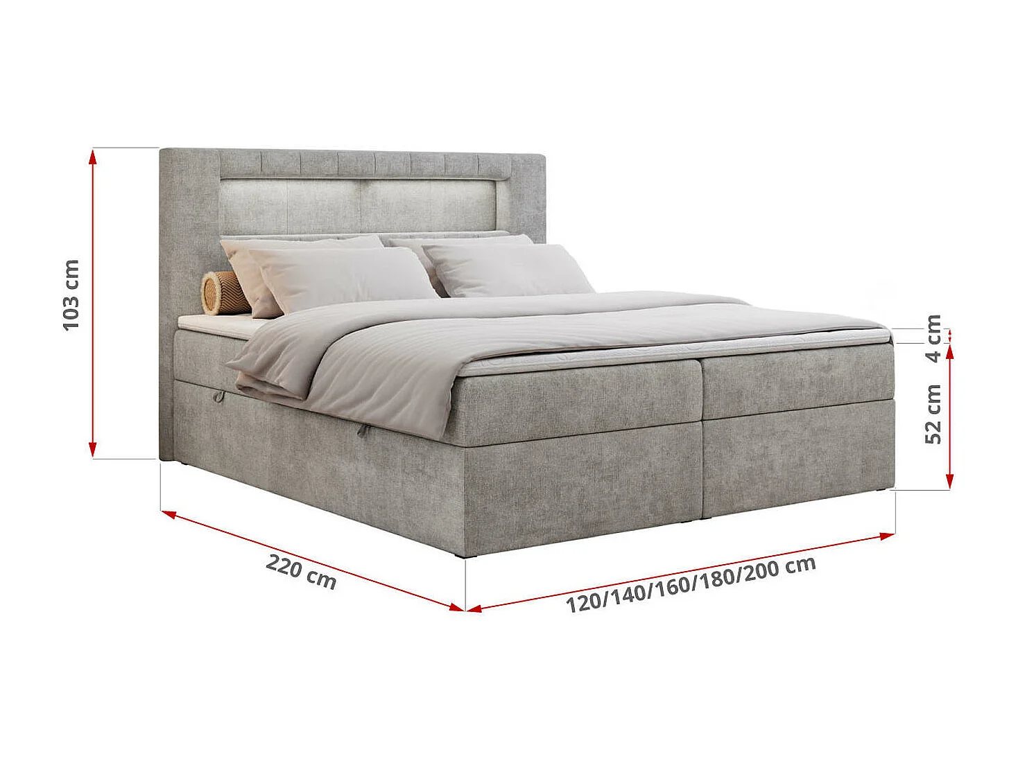 Boxspringbett GOLD 5 mit Multipocket-Matratze und LED, zwei Bettkästen - 120x200 cm - H3 - Hellgrau Strukture