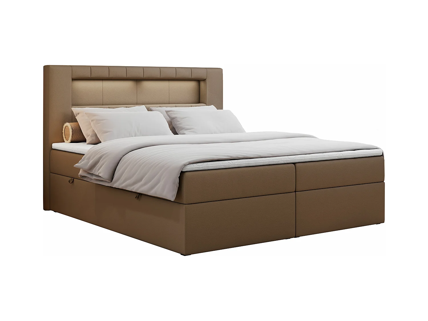 Boxspringbett GOLD 5 mit Multipocket-Matratze und LED, zwei Bettkästen - 200x200 cm - H3 - Braun Kunstleder