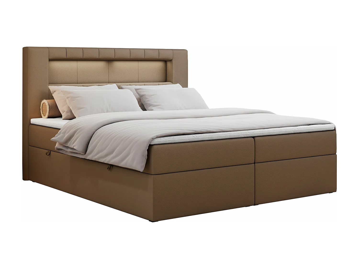 Boxspringbett GOLD 5 mit Multipocket-Matratze und LED, zwei Bettkästen - 200x200 cm - H3 - Braun Kunstleder