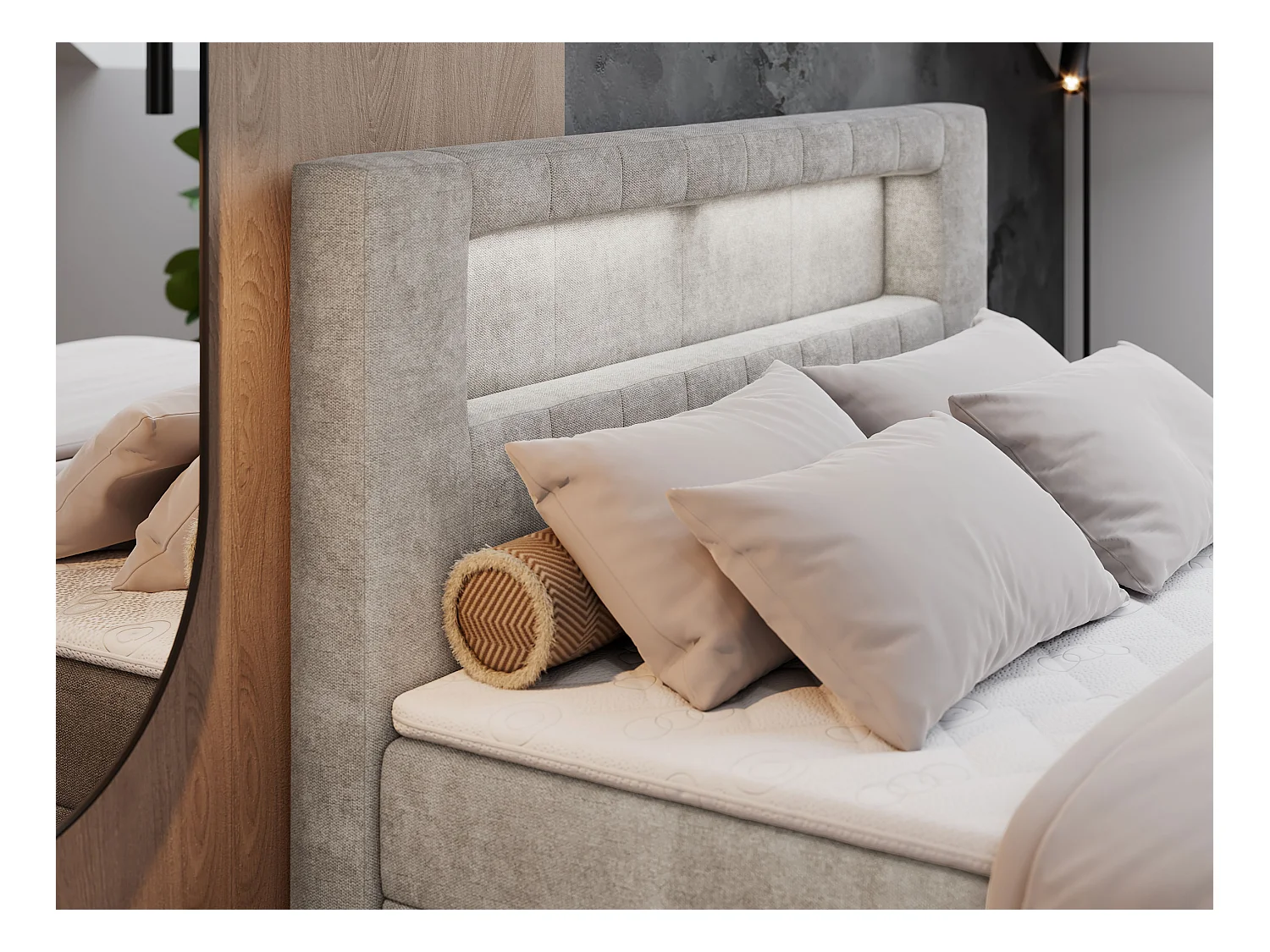 Boxspringbett GOLD 5 mit Multipocket-Matratze und LED, zwei Bettkästen - 120x200 cm - H3 - Beige Strukture