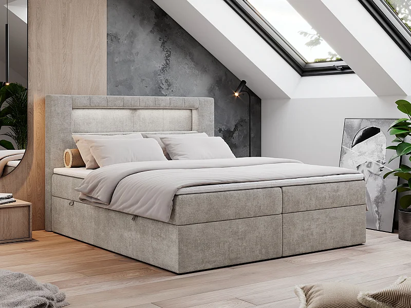 Boxspringbett GOLD 5 mit Multipocket-Matratze und LED, zwei Bettkästen - 120x200 cm - H3 - Beige Strukture