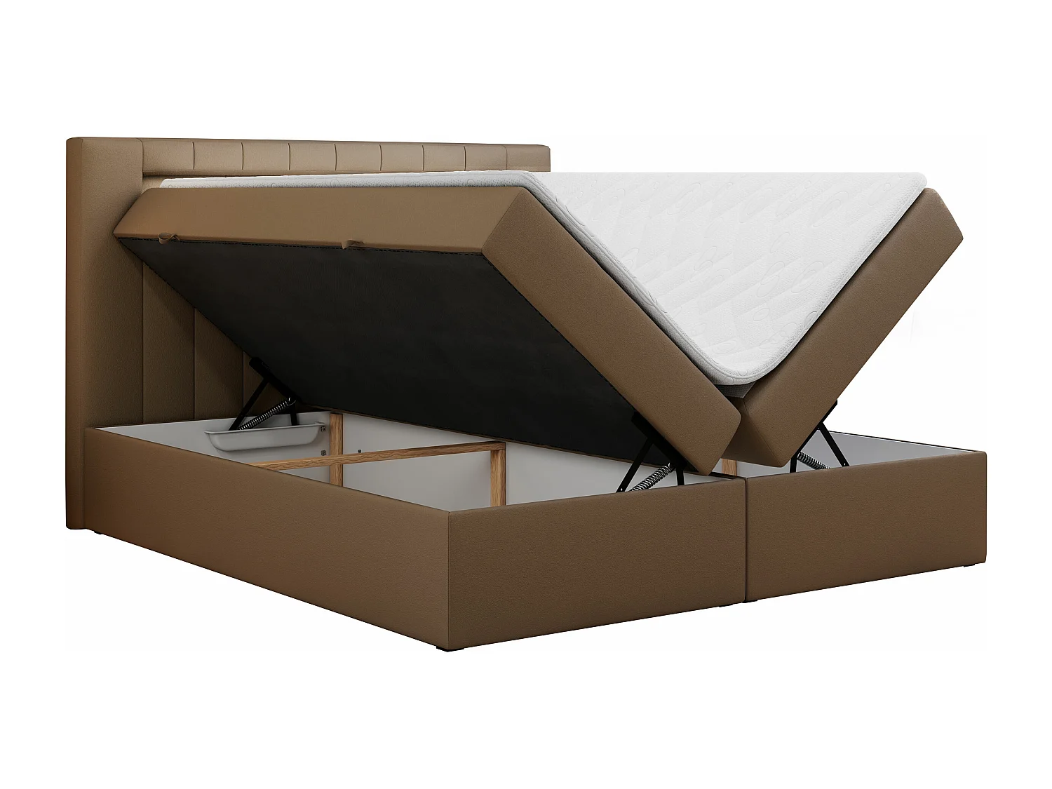Boxspringbett GOLD 5 mit Multipocket-Matratze und LED, zwei Bettkästen - 180x200 cm - H3 - Braun Kunstleder