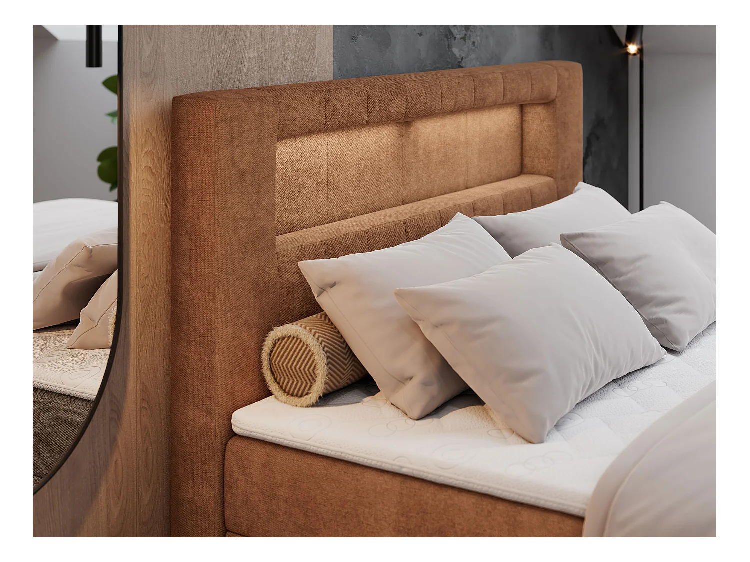 Boxspringbett GOLD 5 mit Multipocket-Matratze und LED, zwei Bettkästen - 120x200 cm - H3 - Orange Strukture