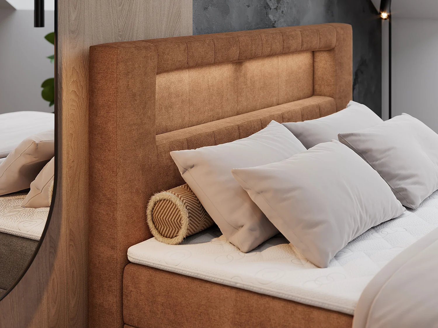 Boxspringbett GOLD 5 mit Multipocket-Matratze und LED, zwei Bettkästen - 120x200 cm - H3 - Orange Strukture