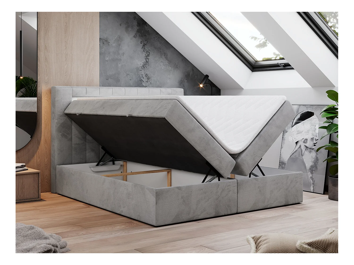 Boxspringbett GOLD 5 mit Multipocket-Matratze und LED, zwei Bettkästen - 180x200 cm - H3 - Hellgrau Velvet