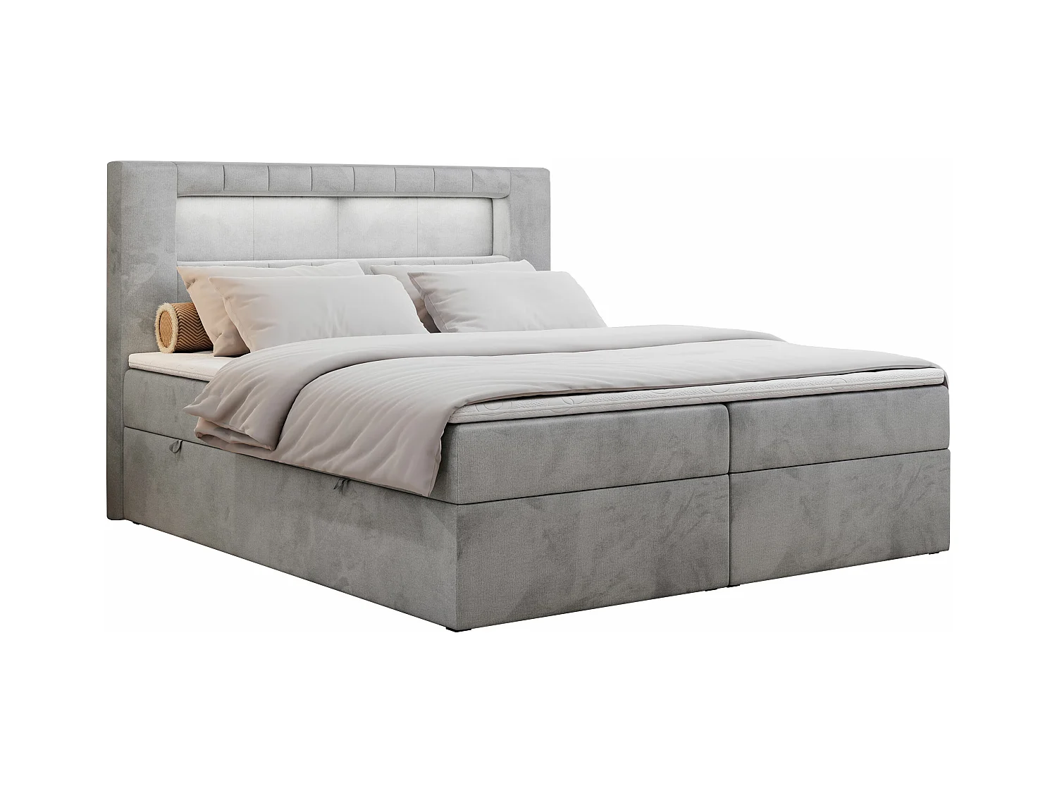 Boxspringbett GOLD 5 mit Multipocket-Matratze und LED, zwei Bettkästen - 180x200 cm - H3 - Hellgrau Velvet