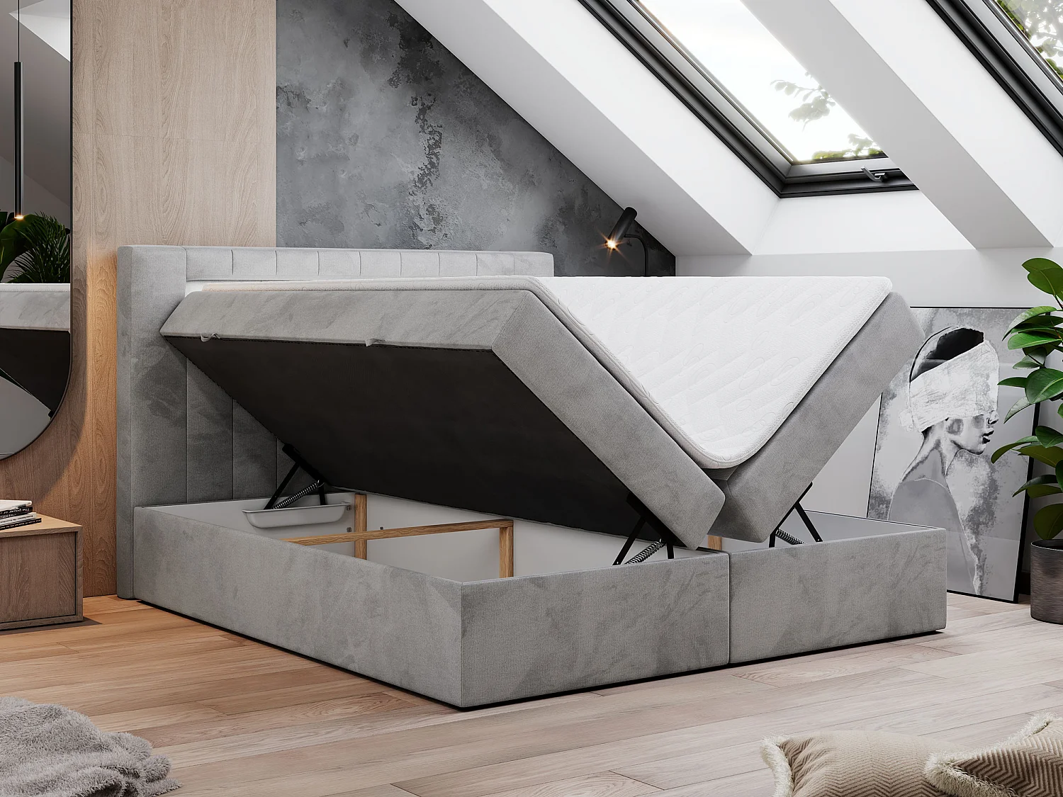 Boxspringbett GOLD 5 mit Multipocket-Matratze und LED, zwei Bettkästen - 180x200 cm - H3 - Hellgrau Velvet