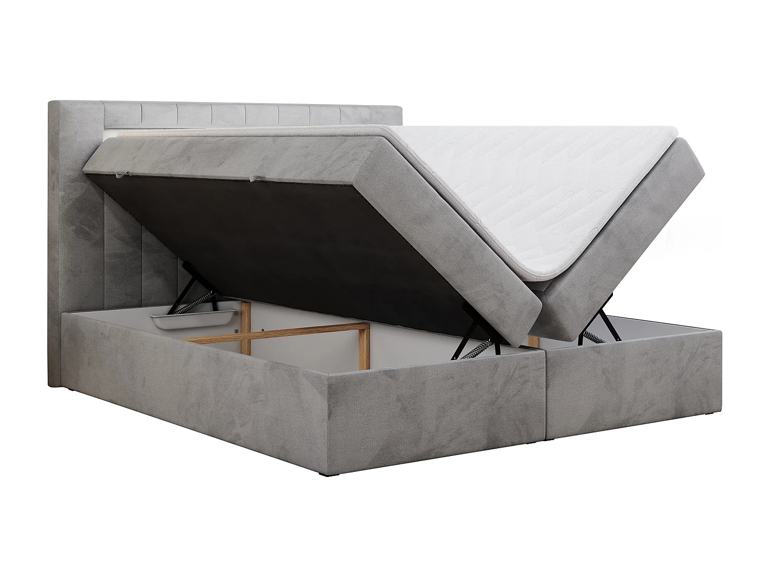 Boxspringbett GOLD 5 mit Multipocket-Matratze und LED, zwei Bettkästen - 180x200 cm - H3 - Hellgrau Velvet