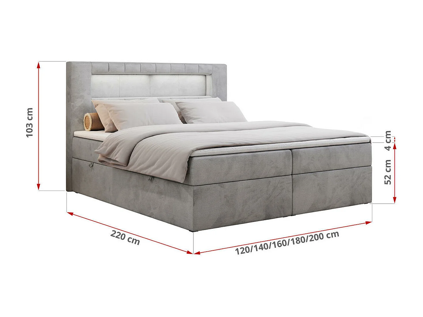 Boxspringbett GOLD 5 mit Multipocket-Matratze und LED, zwei Bettkästen - 180x200 cm - H3 - Hellgrau Velvet