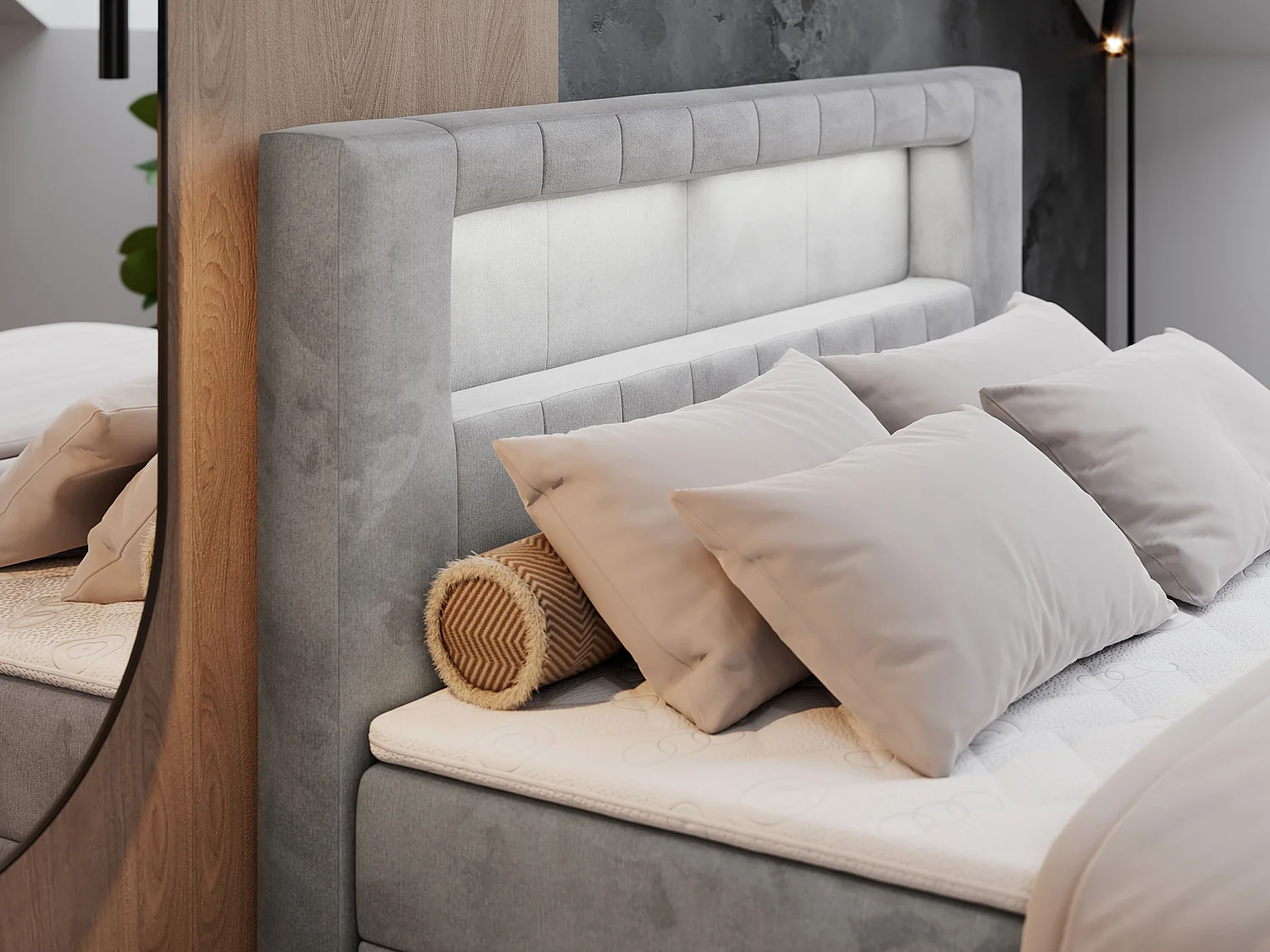 Boxspringbett GOLD 5 mit Multipocket-Matratze und LED, zwei Bettkästen - 160x200 cm - H3 - Hellgrau Velvet