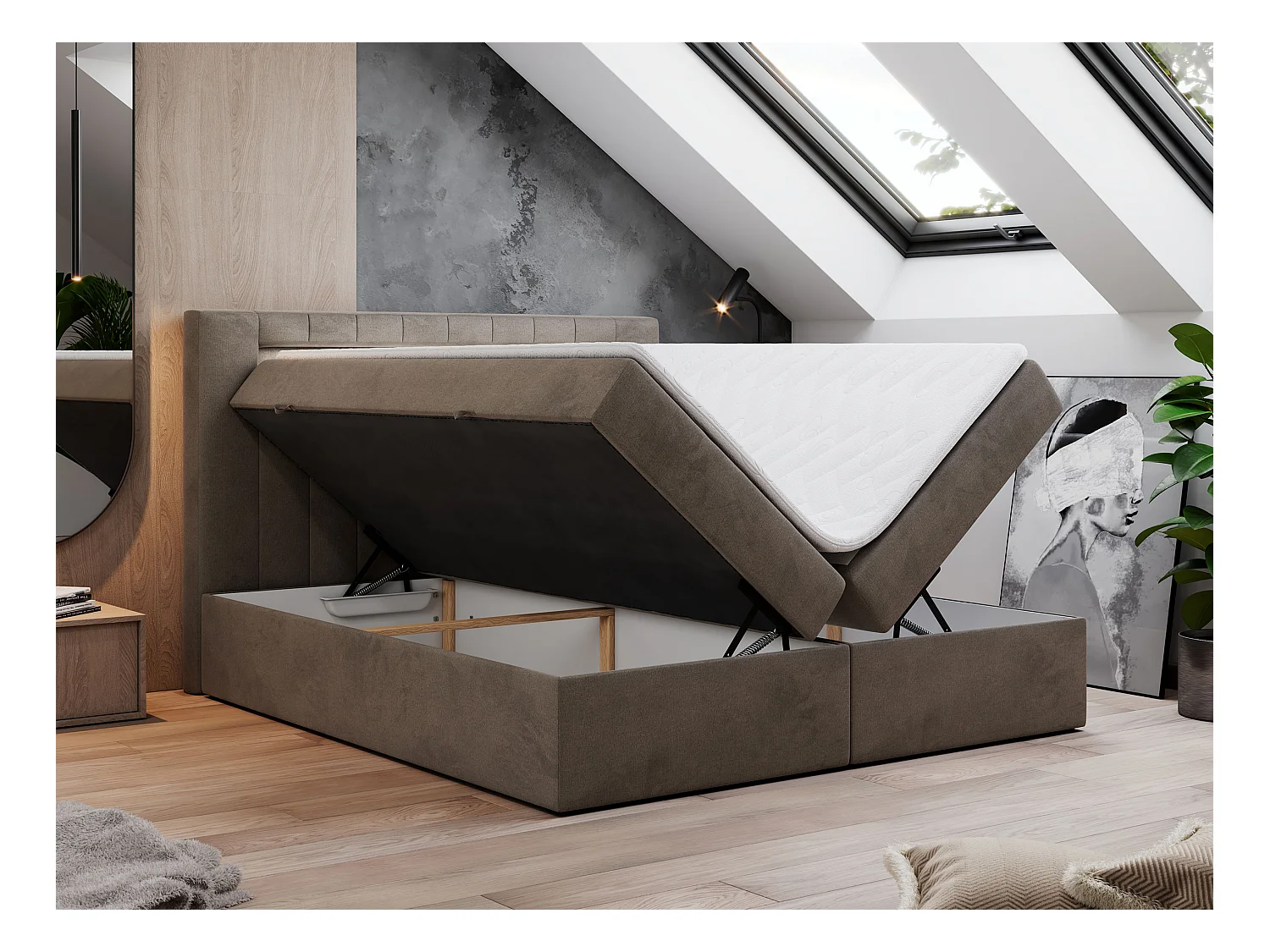 Boxspringbett GOLD 5 mit Multipocket-Matratze und LED, zwei Bettkästen - 160x200 cm - H3 - Braun Velvet