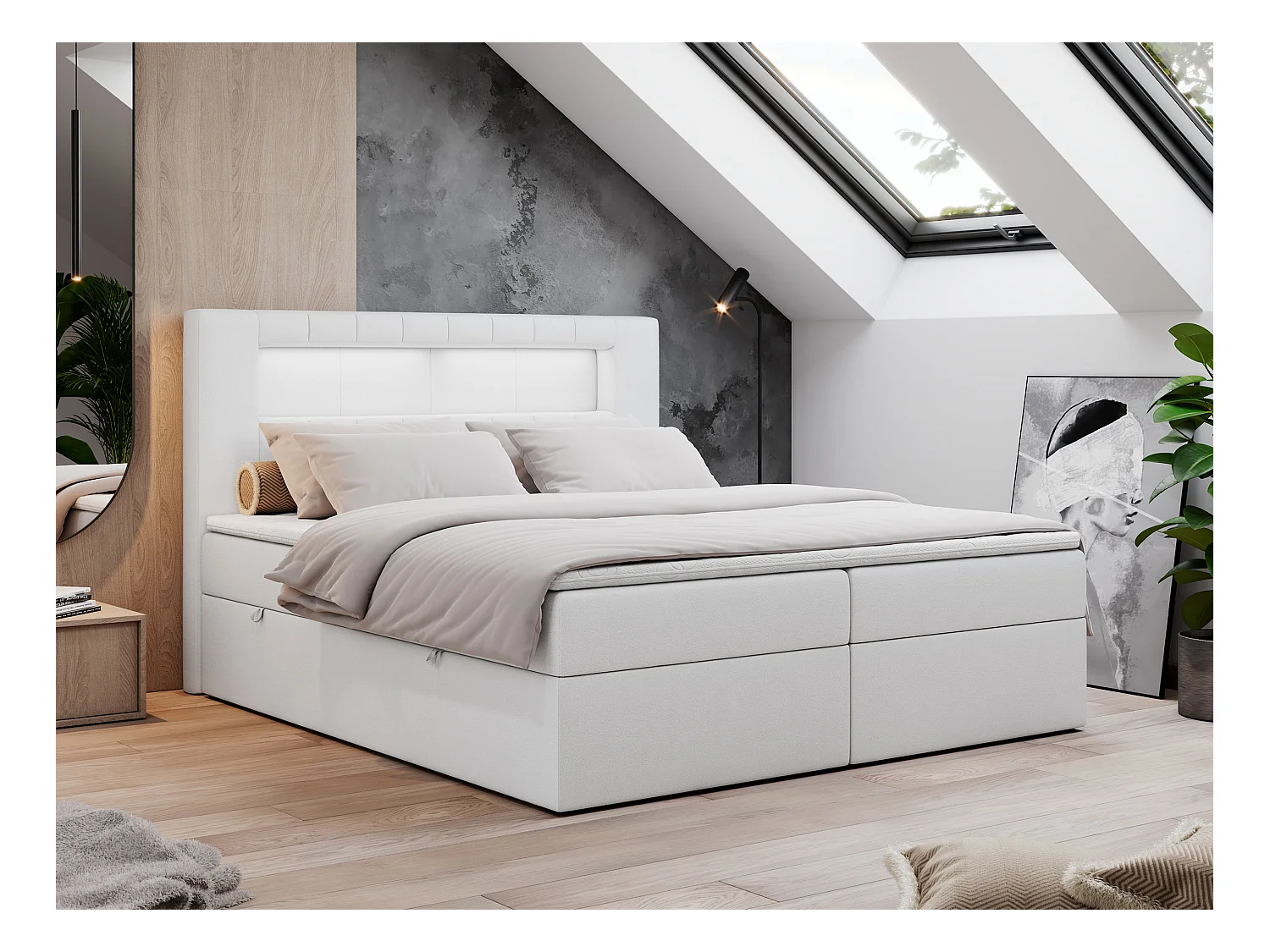 Boxspringbett GOLD 5 mit Multipocket-Matratze und LED, zwei Bettkästen - 140x200 cm - H3 - Weiß Kunstleder