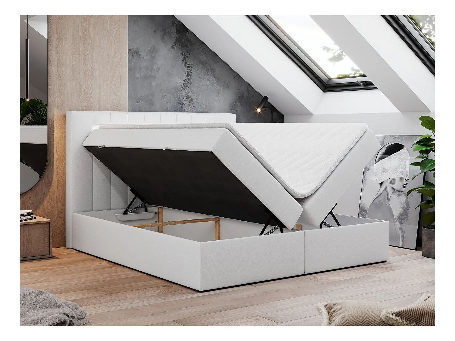 Boxspringbett GOLD 5 mit Multipocket-Matratze und LED, zwei Bettkästen - 140x200 cm - H3 - Weiß Kunstleder