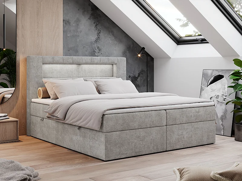 Boxspringbett GOLD 5 mit Multipocket-Matratze und LED, zwei Bettkästen - 160x200 cm - H3 - Hellgrau Strukture