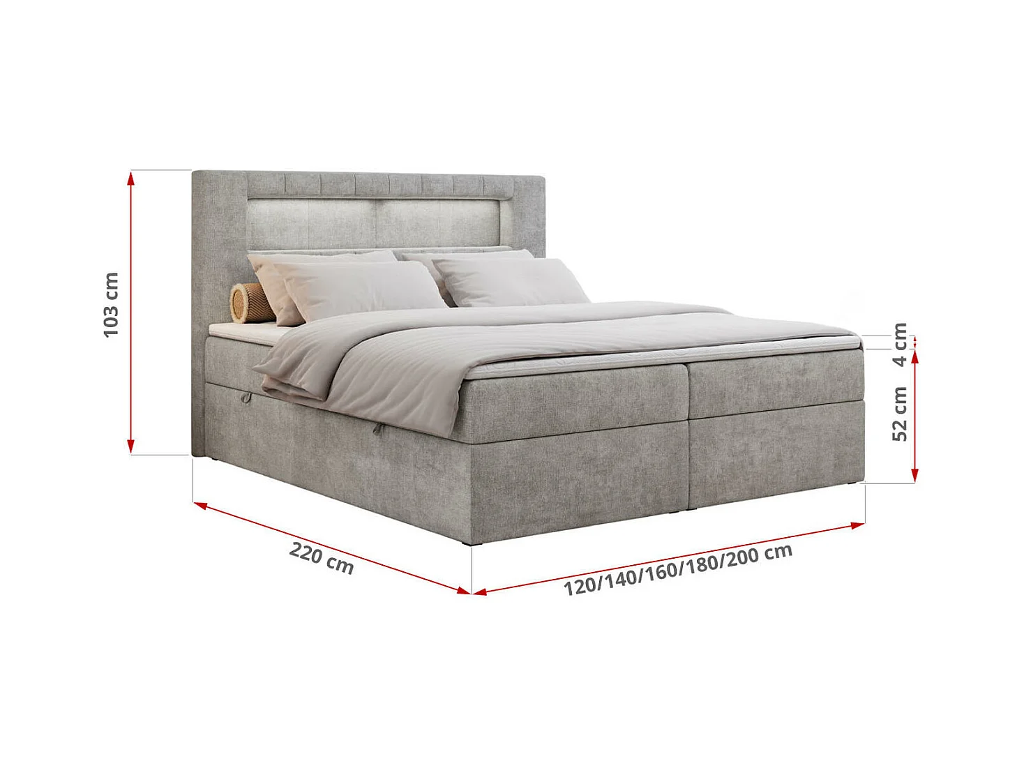 Boxspringbett GOLD 5 mit Multipocket-Matratze und LED, zwei Bettkästen - 160x200 cm - H3 - Hellgrau Strukture