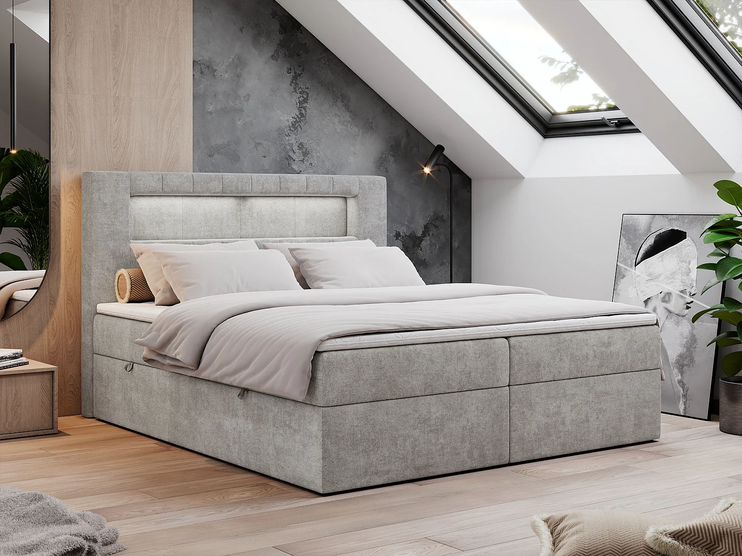 Boxspringbett GOLD 5 mit Multipocket-Matratze und LED, zwei Bettkästen - 160x200 cm - H3 - Hellgrau Strukture