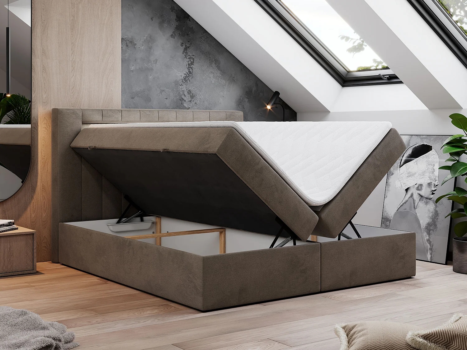 Boxspringbett GOLD 5 mit Multipocket-Matratze und LED, zwei Bettkästen - 200x200 cm - H3 - Braun Velvet