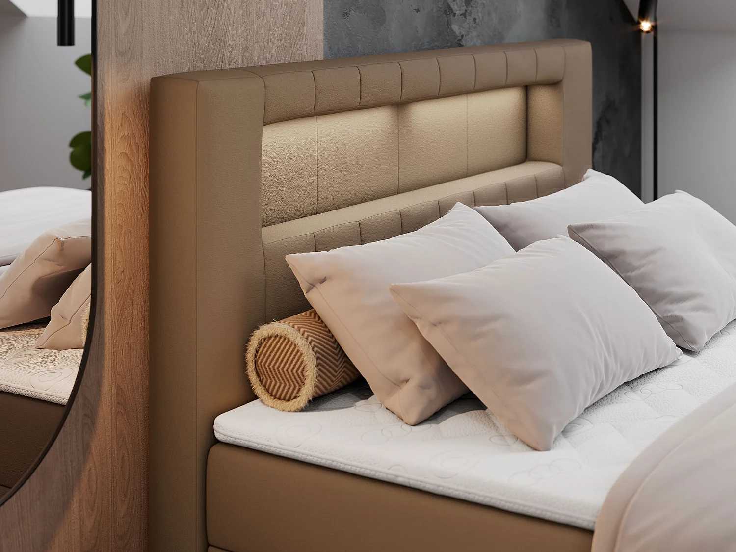 Boxspringbett GOLD 5 mit Multipocket-Matratze und LED, zwei Bettkästen - 140x200 cm - H3 - Braun Kunstleder