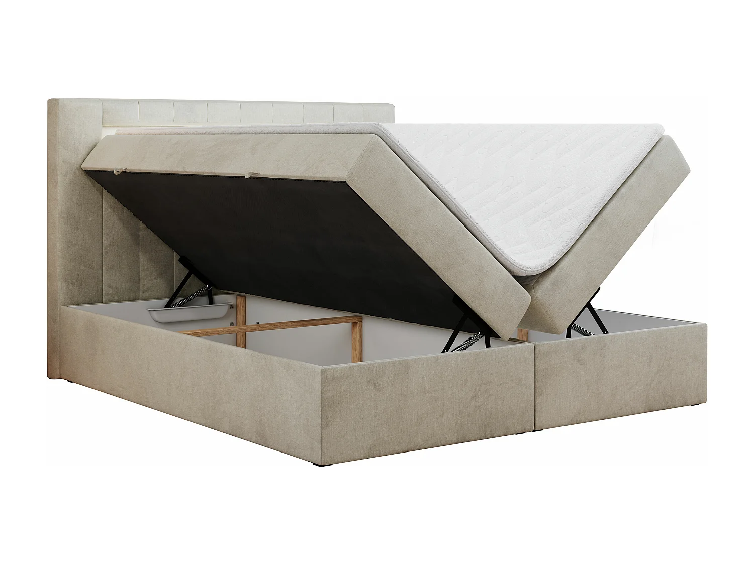 Boxspringbett GOLD 5 mit Multipocket-Matratze und LED, zwei Bettkästen - 120x200 cm - H3 - Beige Velvet