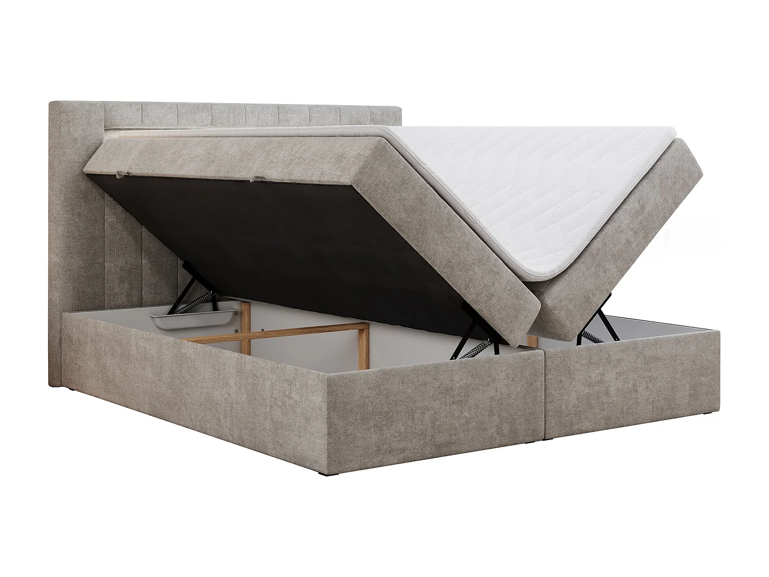 Boxspringbett GOLD 5 mit Multipocket-Matratze und LED, zwei Bettkästen - 160x200 cm - H3 - Beige Strukture