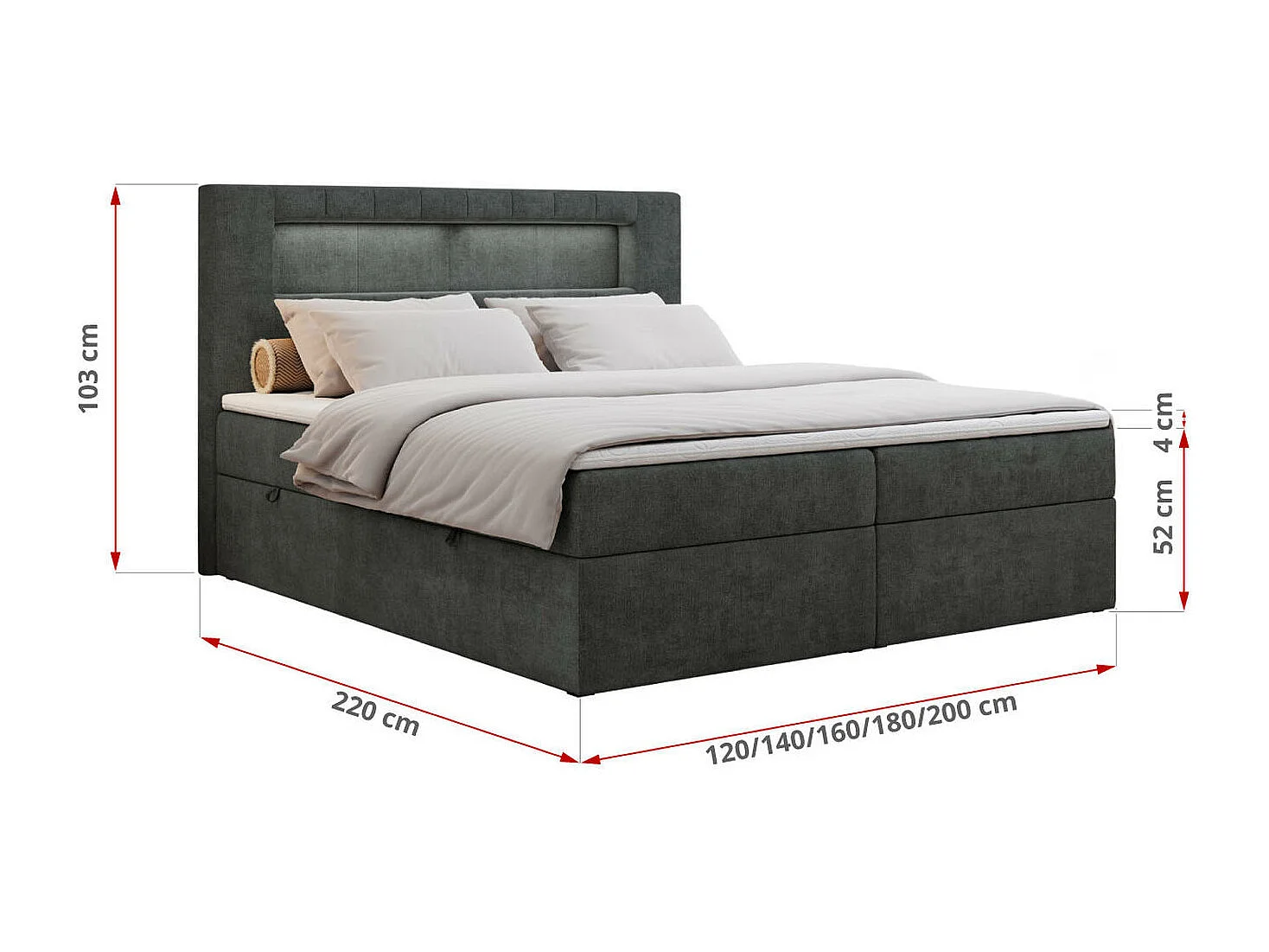 Boxspringbett GOLD 5 mit Multipocket-Matratze und LED, zwei Bettkästen - 140x200 cm - H3 - Dunkelgrau Strukture