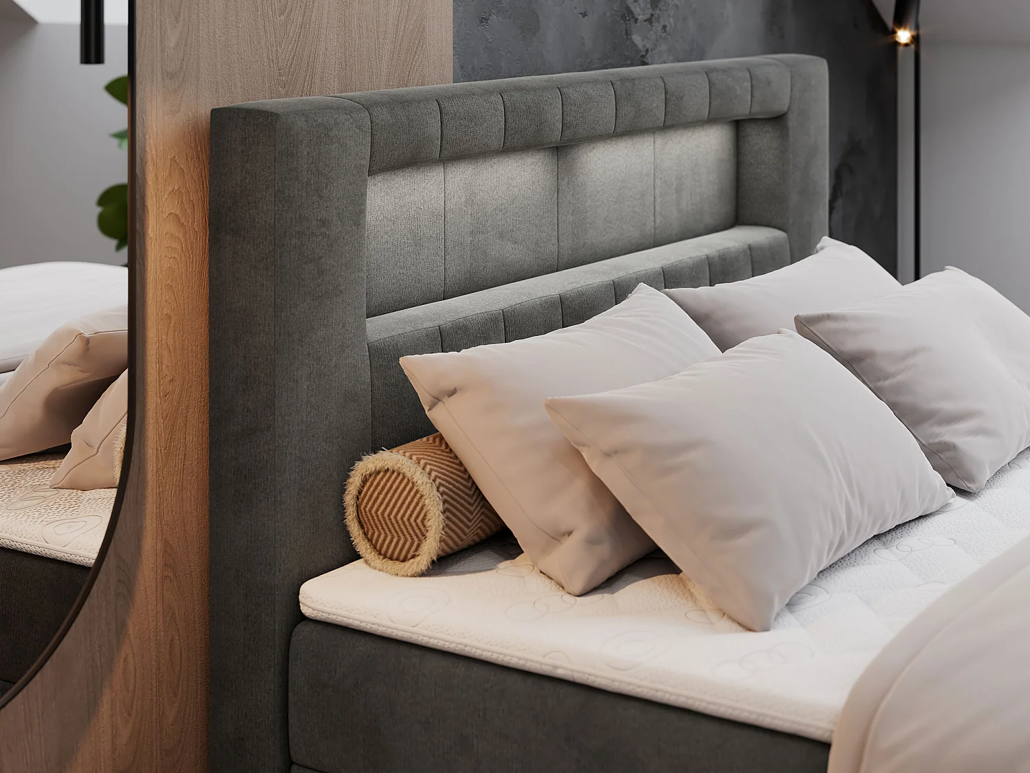 Boxspringbett GOLD 5 mit Multipocket-Matratze und LED, zwei Bettkästen - 160x200 cm - H3 - Dunkelgrau Velvet