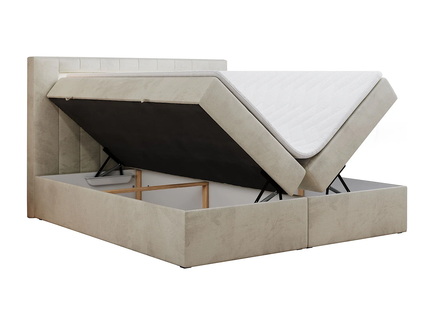 Boxspringbett GOLD 5 mit Multipocket-Matratze und LED, zwei Bettkästen - 180x200 cm - H3 - Beige Velvet