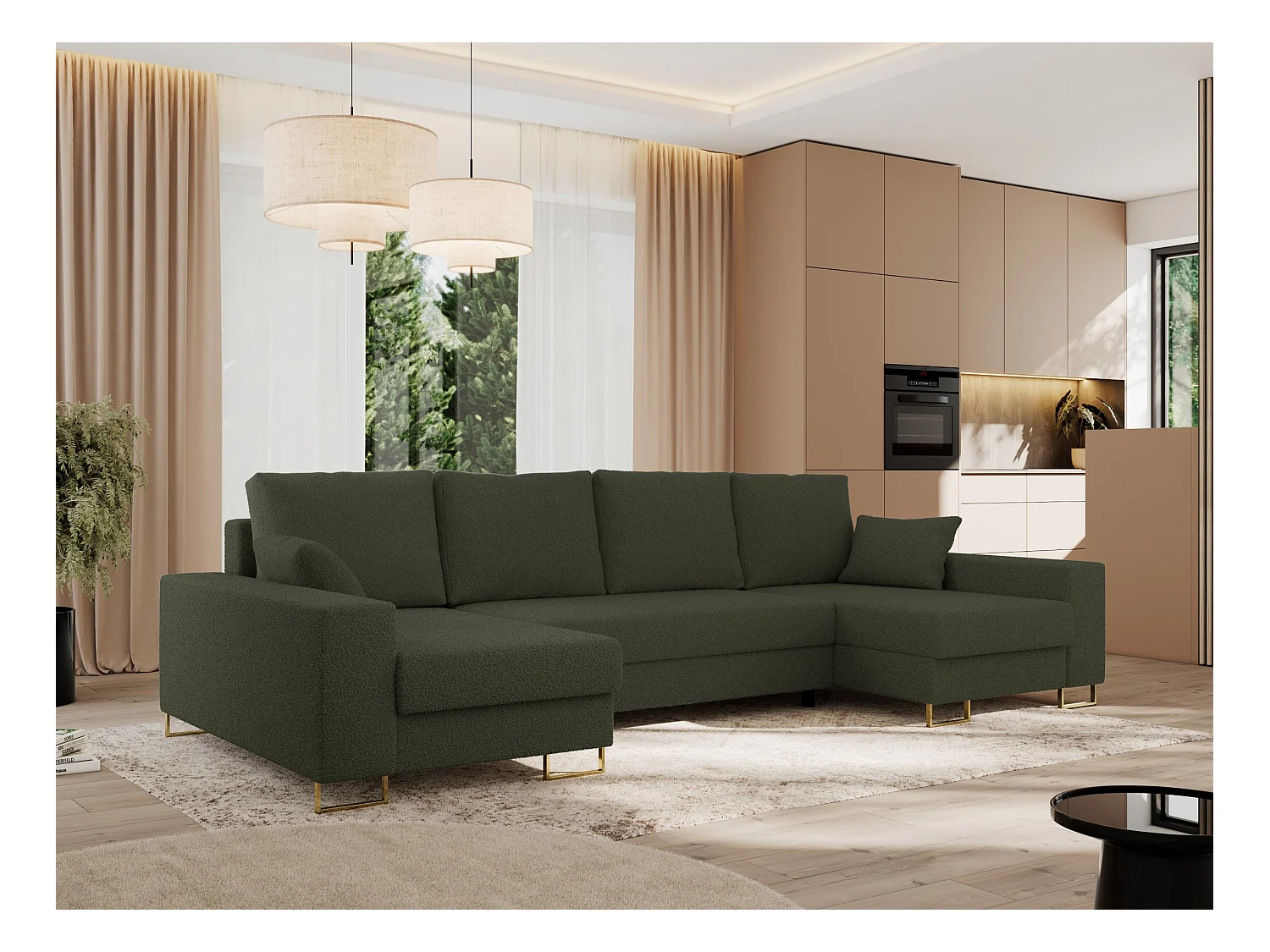 Ecksofa DORIAN U, Wohnlandschaft, Ecksofa mit Armlehnen, schlaffunktion und Bettkästen - Grün Boucle