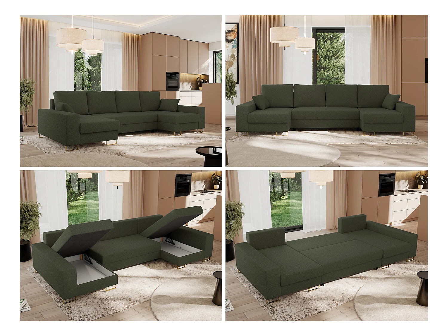 Ecksofa DORIAN U, Wohnlandschaft, Ecksofa mit Armlehnen, schlaffunktion und Bettkästen - Grün Boucle