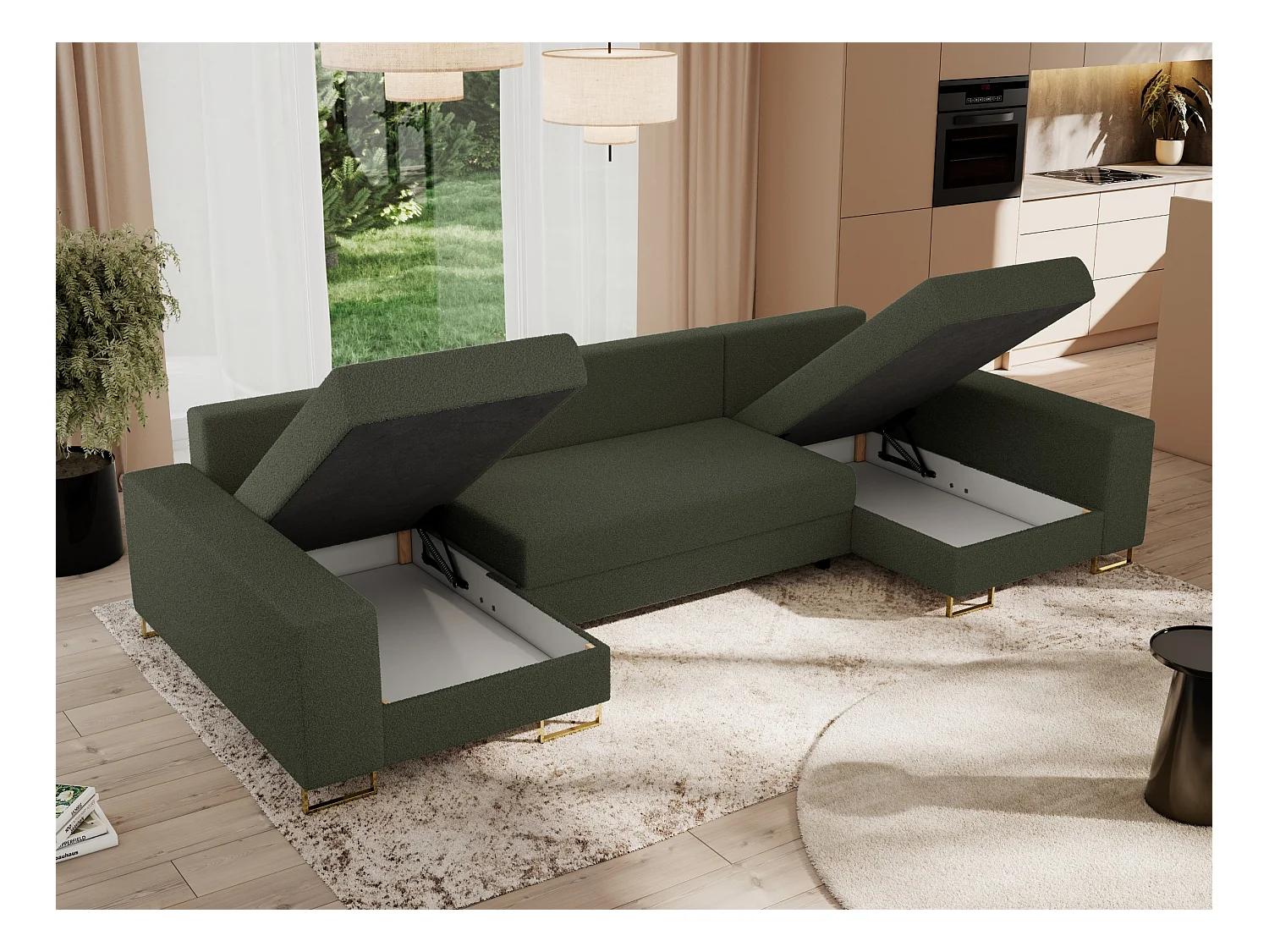 Ecksofa DORIAN U, Wohnlandschaft, Ecksofa mit Armlehnen, schlaffunktion und Bettkästen - Grün Boucle