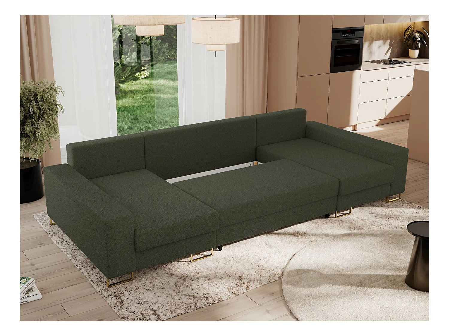 Ecksofa DORIAN U, Wohnlandschaft, Ecksofa mit Armlehnen, schlaffunktion und Bettkästen - Grün Boucle