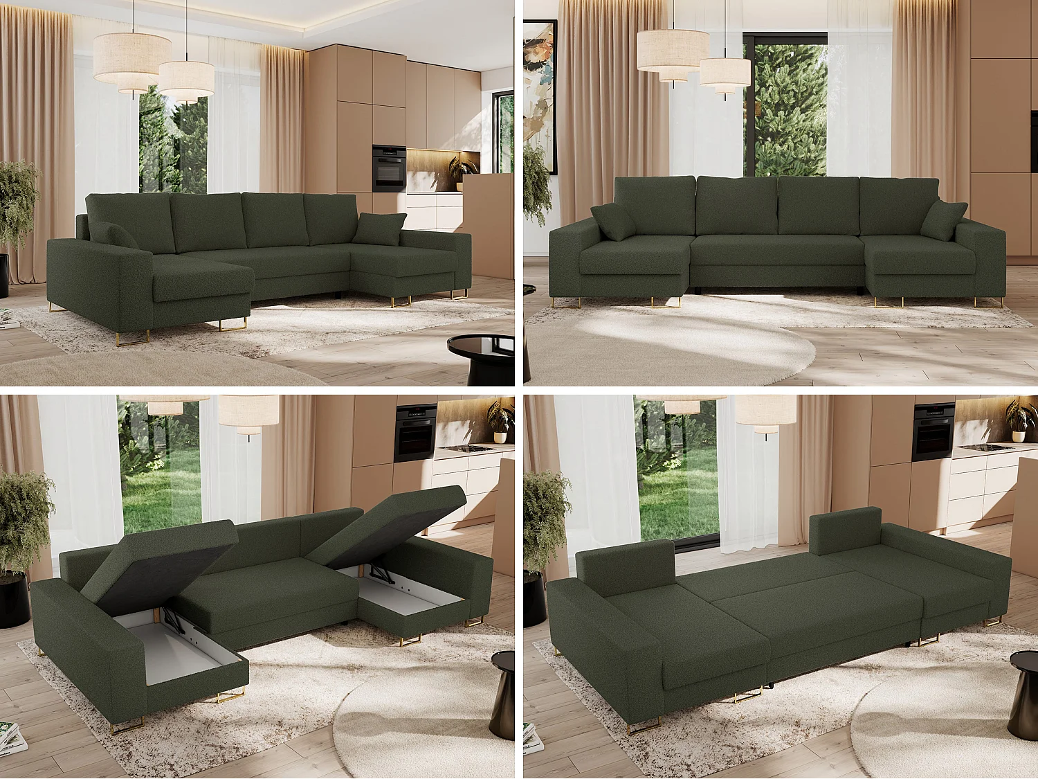 Ecksofa DORIAN U, Wohnlandschaft, Ecksofa mit Armlehnen, schlaffunktion und Bettkästen - Grün Boucle