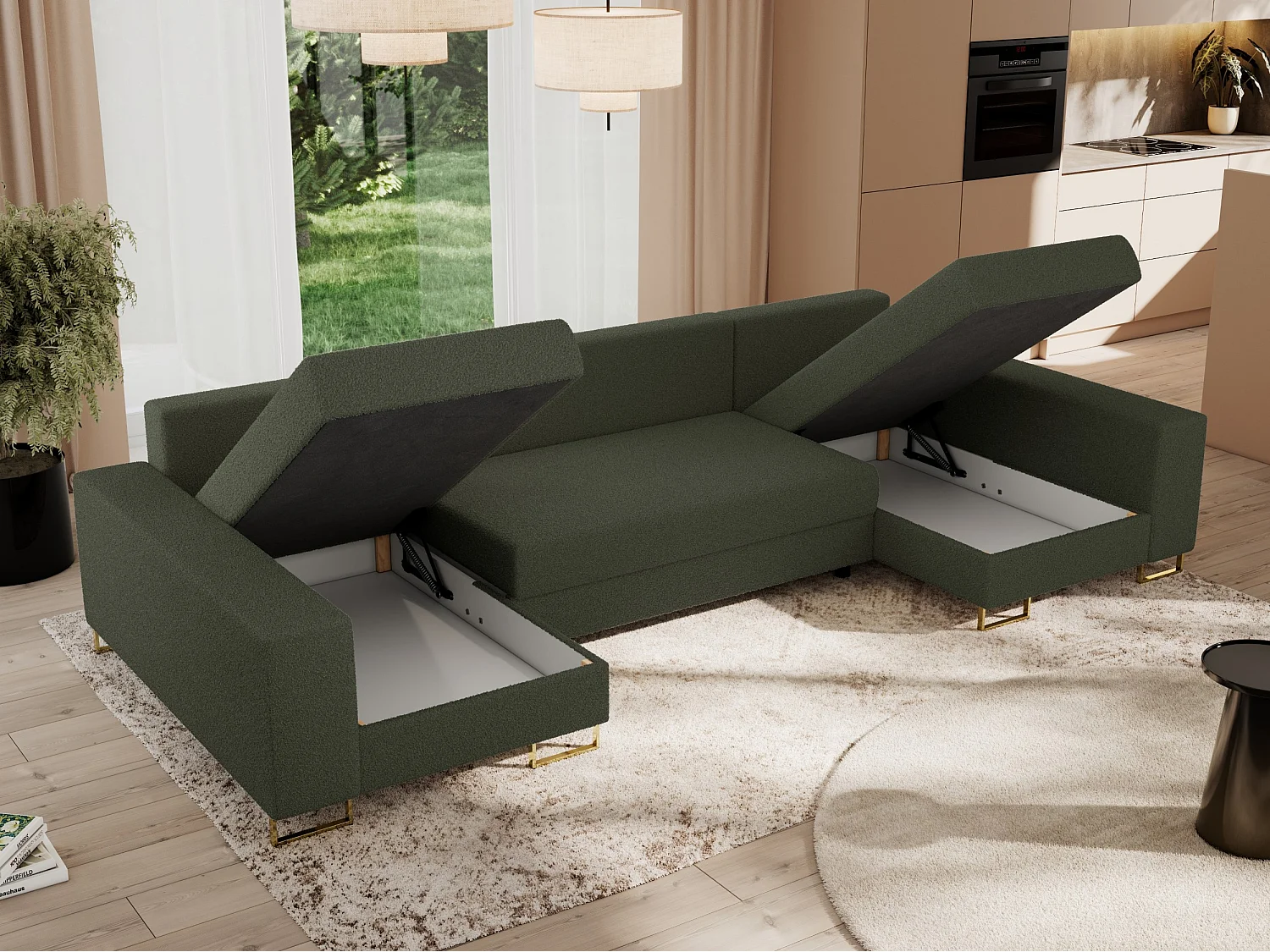 Ecksofa DORIAN U, Wohnlandschaft, Ecksofa mit Armlehnen, schlaffunktion und Bettkästen - Grün Boucle