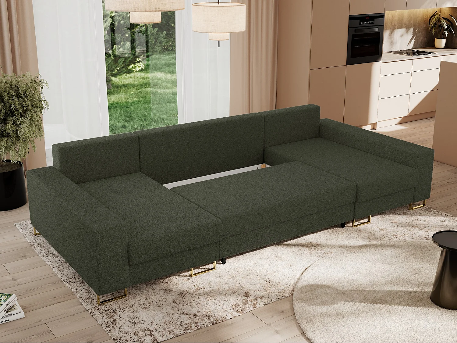 Ecksofa DORIAN U, Wohnlandschaft, Ecksofa mit Armlehnen, schlaffunktion und Bettkästen - Grün Boucle
