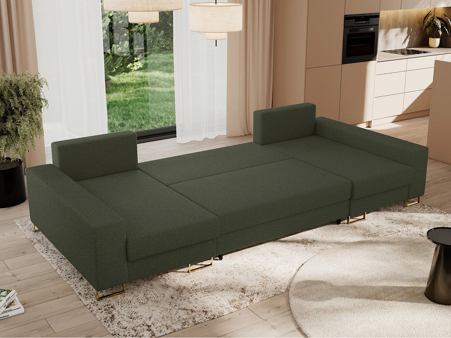 Ecksofa DORIAN U, Wohnlandschaft, Ecksofa mit Armlehnen, schlaffunktion und Bettkästen - Grün Boucle