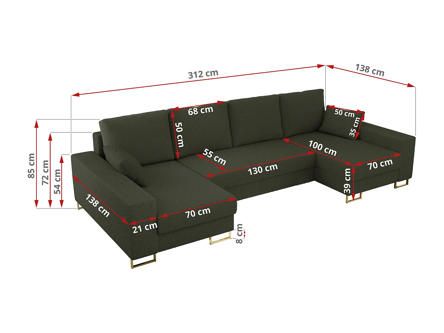 Ecksofa DORIAN U, Wohnlandschaft, Ecksofa mit Armlehnen, schlaffunktion und Bettkästen - Grün Boucle