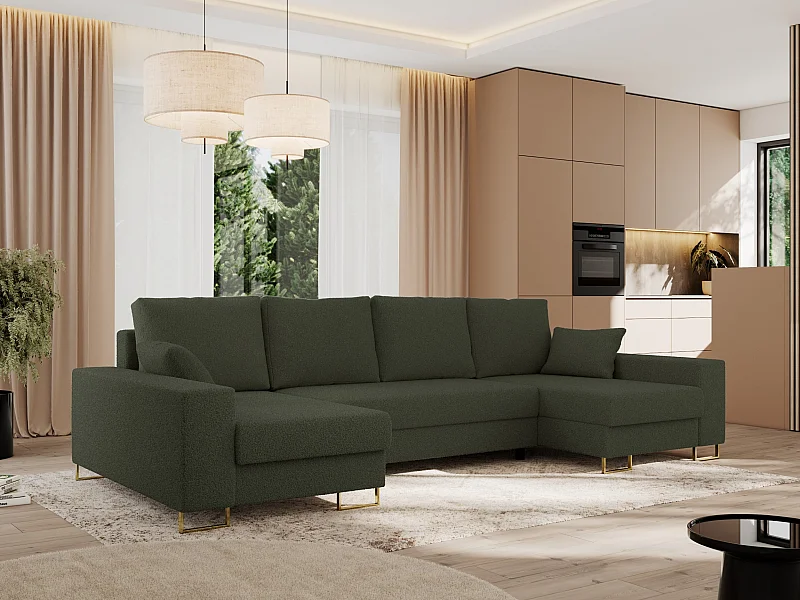 Ecksofa DORIAN U, Wohnlandschaft, Ecksofa mit Armlehnen, schlaffunktion und Bettkästen - Grün Boucle