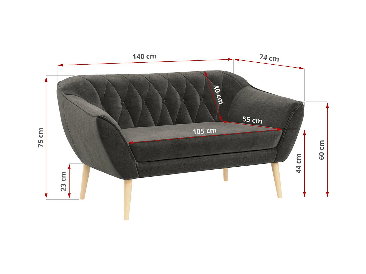 Sofa PIRS - 2-Sitzer, mit Armlehnen, Skandinavisches Design - Grau Velvet