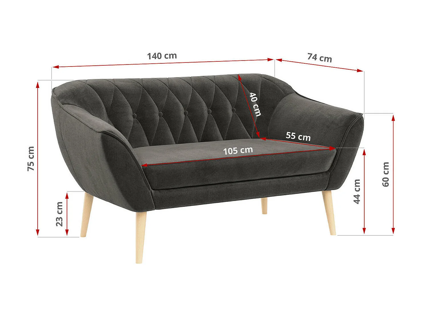Sofa PIRS - 2-Sitzer, mit Armlehnen, Skandinavisches Design - Grau Velvet
