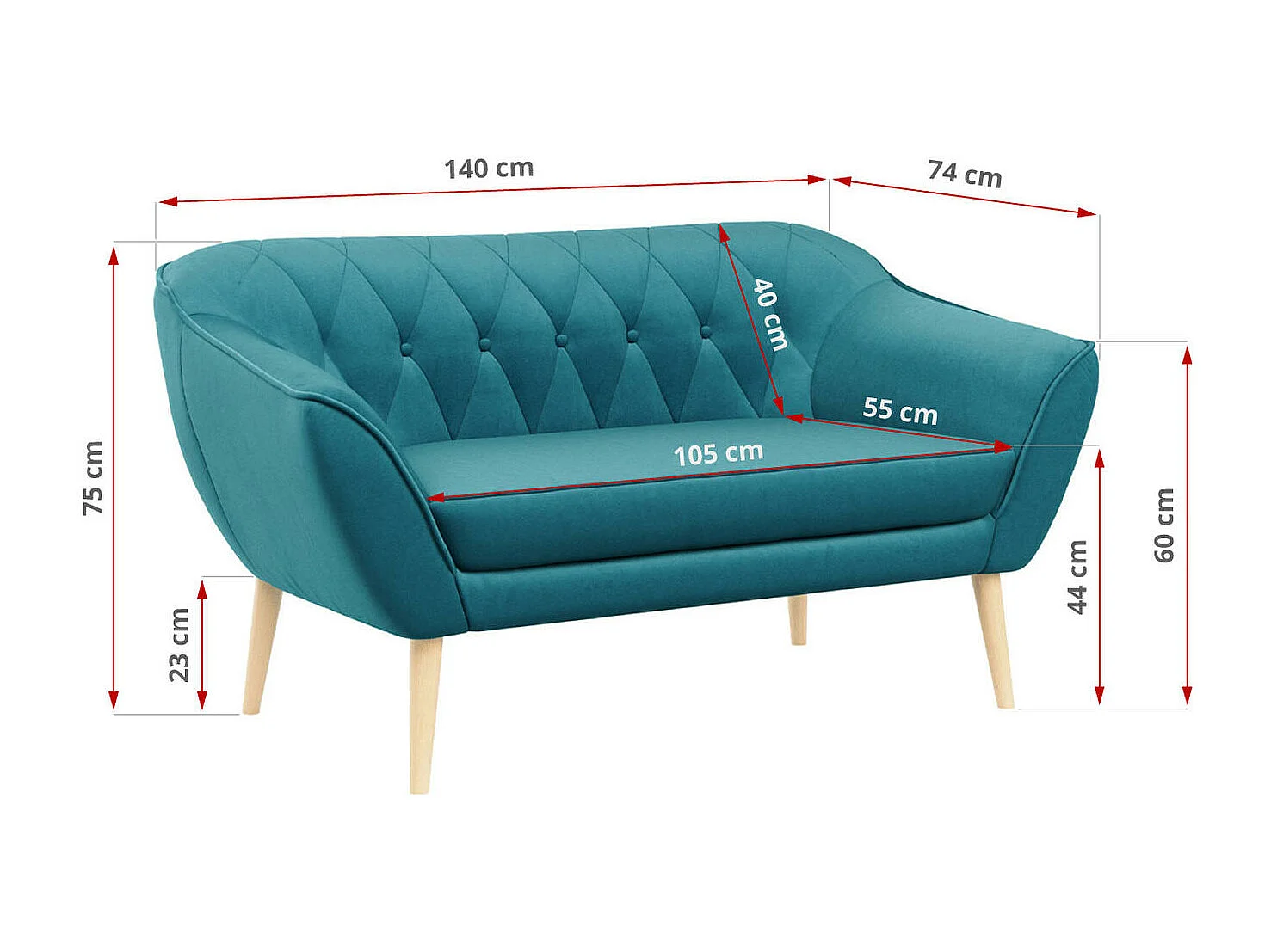 Sofa PIRS - 2-Sitzer, mit Armlehnen, Skandinavisches Design - Blau Velvet