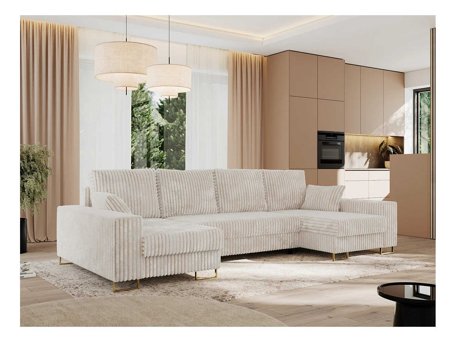 Ecksofa DORIAN U, Wohnlandschaft, Ecksofa mit Armlehnen, schlaffunktion und Bettkästen - Beige Cord