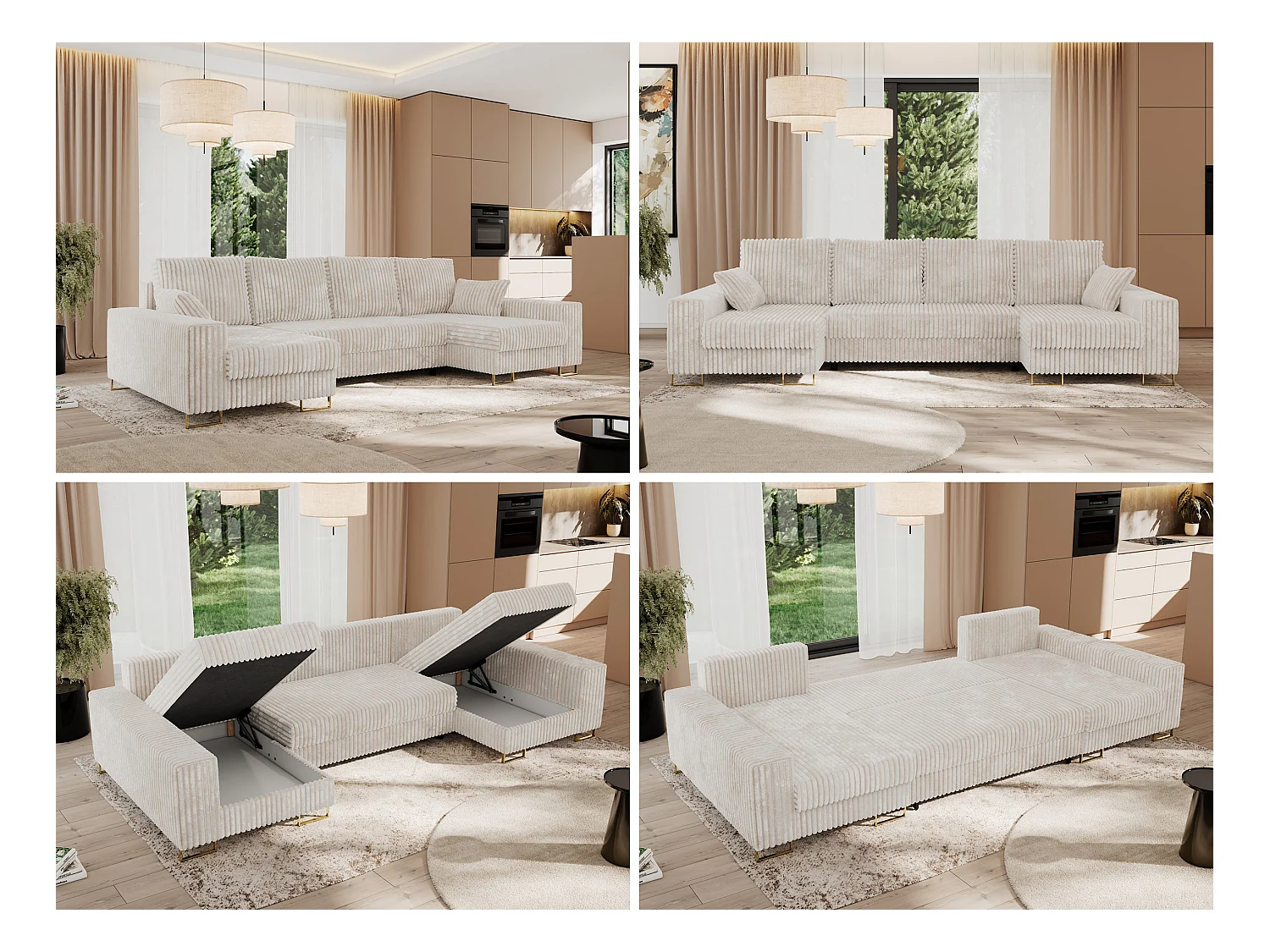 Ecksofa DORIAN U, Wohnlandschaft, Ecksofa mit Armlehnen, schlaffunktion und Bettkästen - Beige Cord